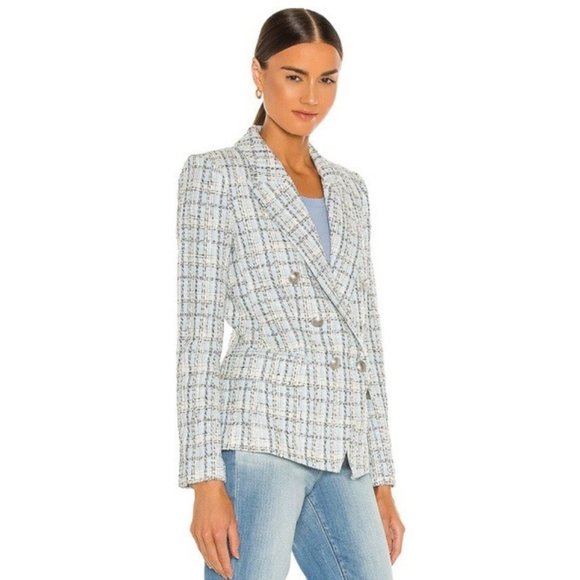 NWT L’Agence Kenzie Double Breasted Plaid Blazer in Light Blue Tweed - Picture 1 of 11